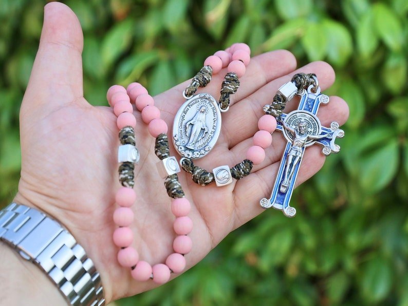 Pink Acacia Wood Rosary with St. Benedict Crucifix