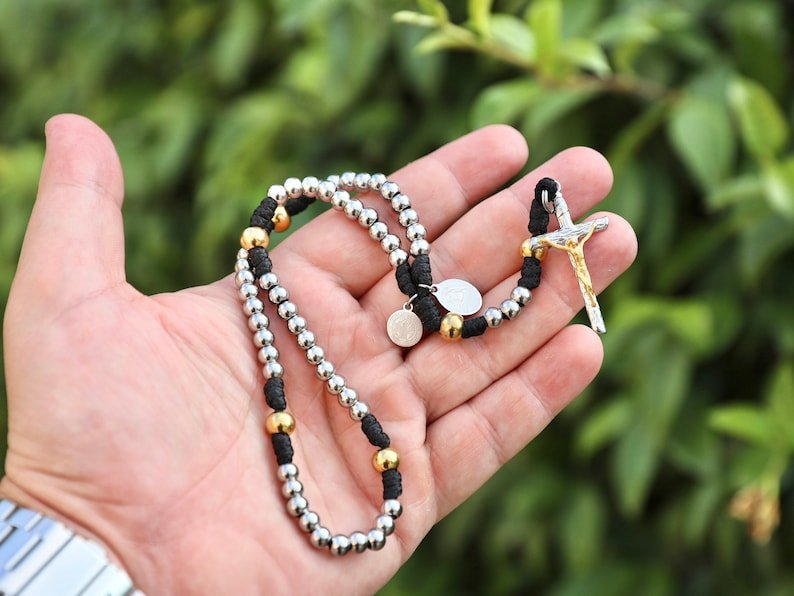 Small Pocket Rosary with Stainless Steel Beads and Two-Tone Gold