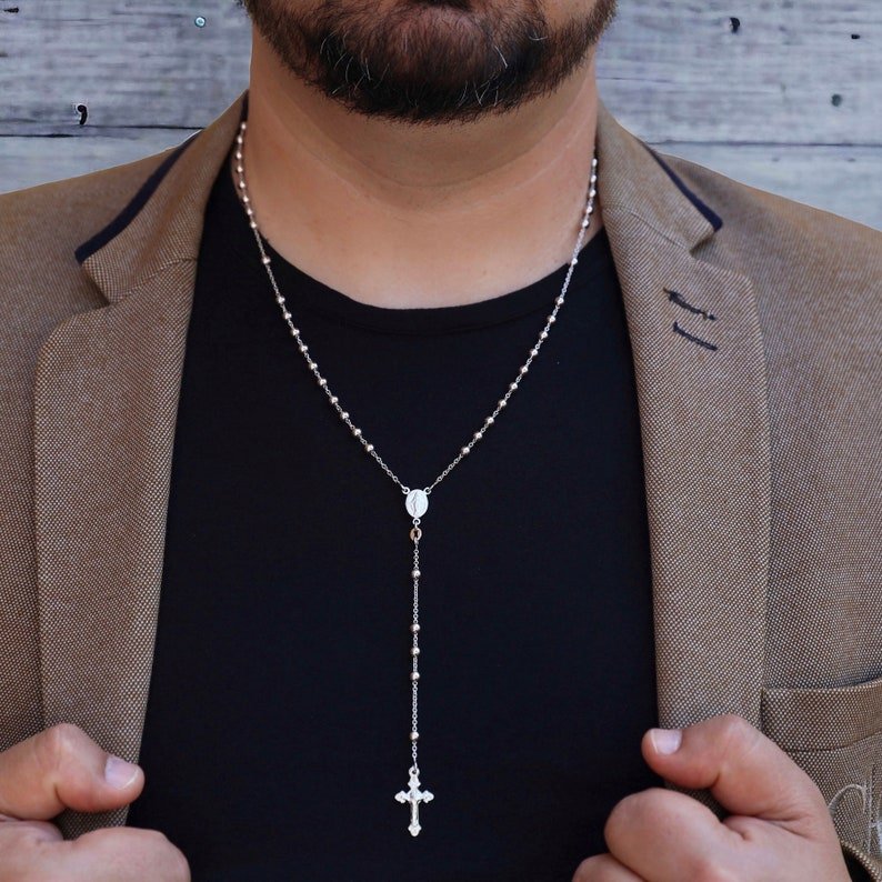 Silver rosary necklace mens discount
